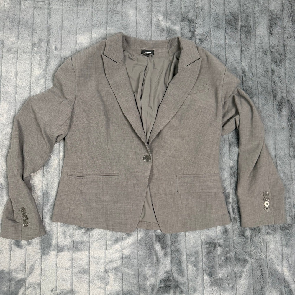 Express Gray One Button Blazer Wool Blend Professional Suit Jacket Womens Large